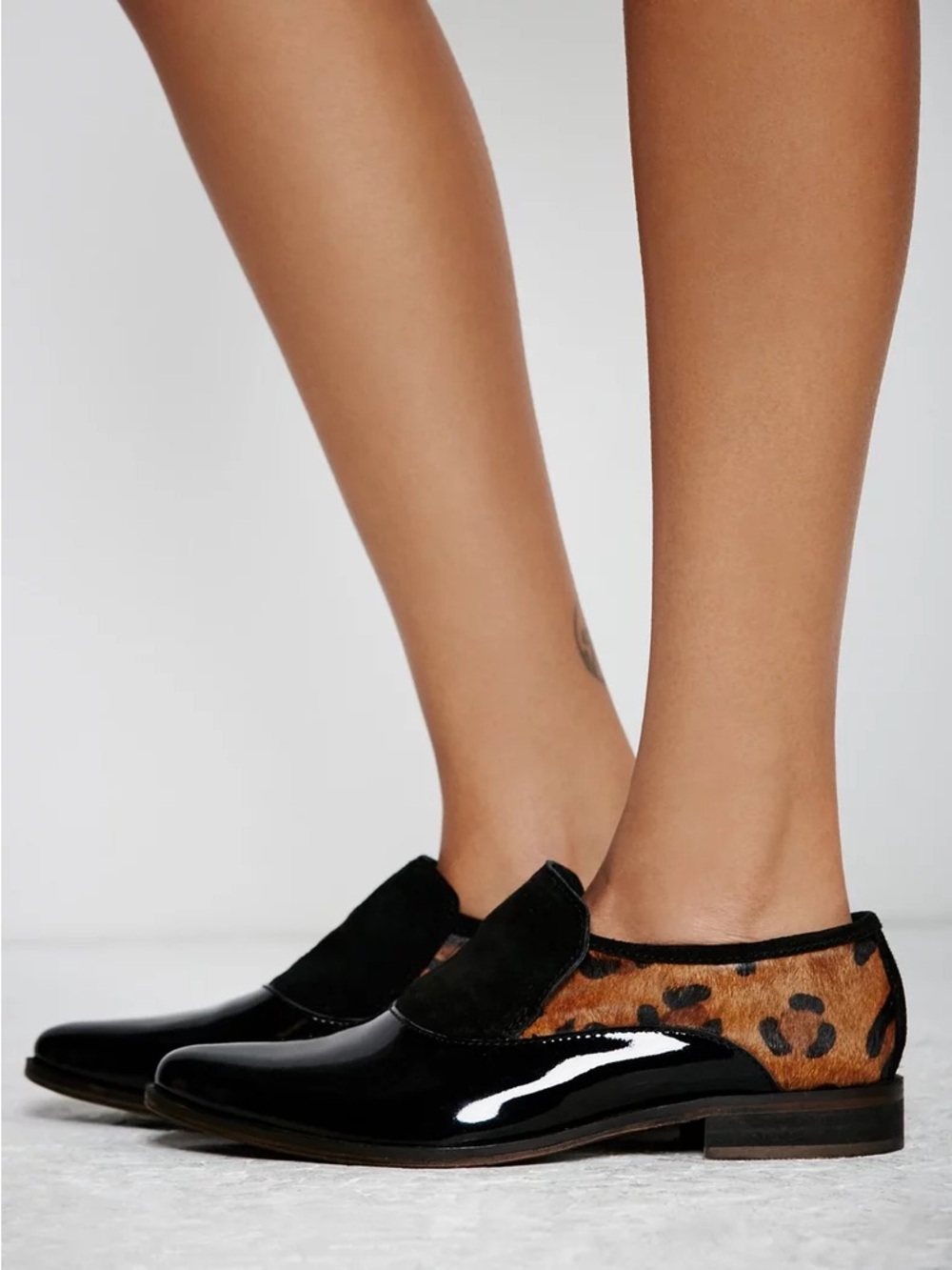 Free People Brady Slip On Black Patent and Leopard-Print Loafers sz 38